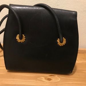 Vintage Escada Black Leather Handbag Gold Daisies